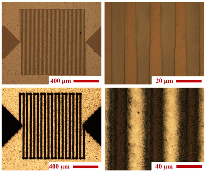 Micrographs of the fabricated sensing elements produced by lithographic patterning and by aerosol jet printing at two magnifications